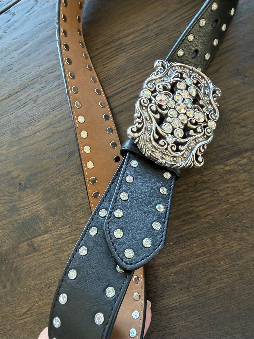 Tony Lama Studded Black Leather Belt with Ornate Rhinestone Buckle